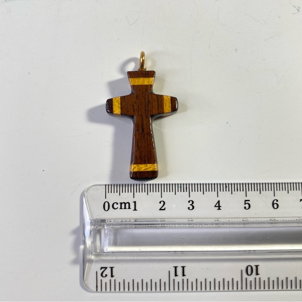 Vintage Handmade Wooden Cross Pendant Brown with Yellow Inlay - Picture 4 of 5